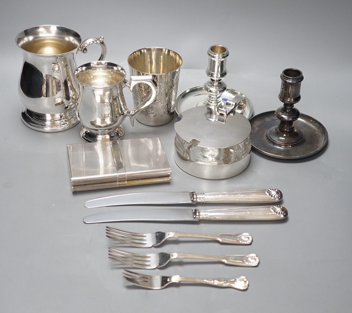 A Christofle plated preserve dish, assorted plated flatware, a beaker, etc.